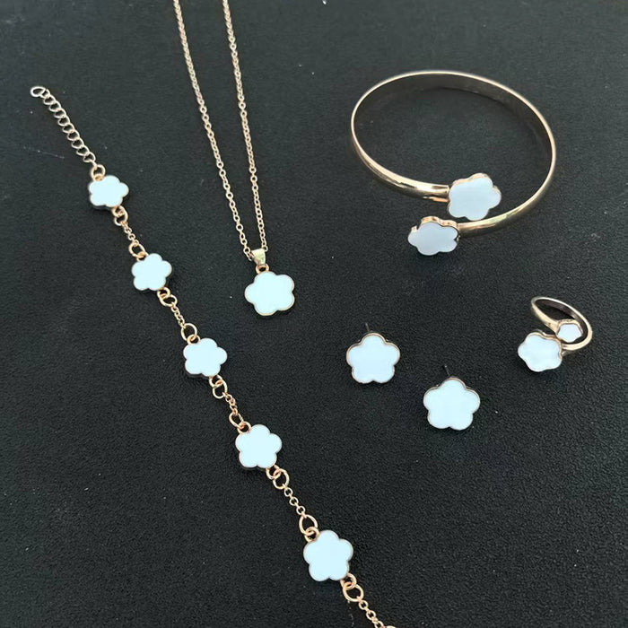 Wholesale 5-piece set of five-petal flower necklace, bracelet, bangle, earrings, and ring - wallojewerly 
