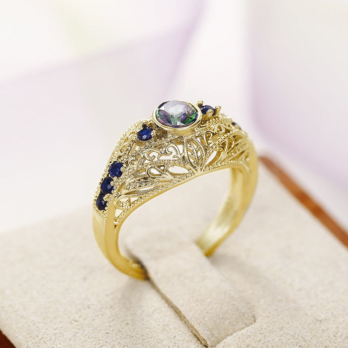 Hollow Carved Colorful Glass Diamond Ring Retro Foreign Trade Ring