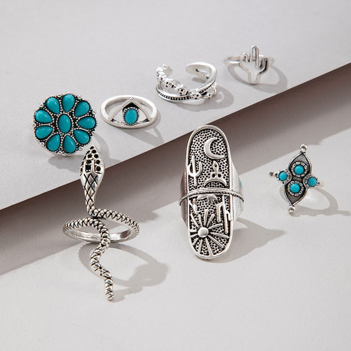 Turquoise leaf inlaid vintage snake-shaped crescent joint ring six-piece set