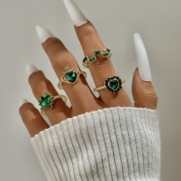 Emerald Heart Gemstone Ring Set - 4pcs Stylish Rings