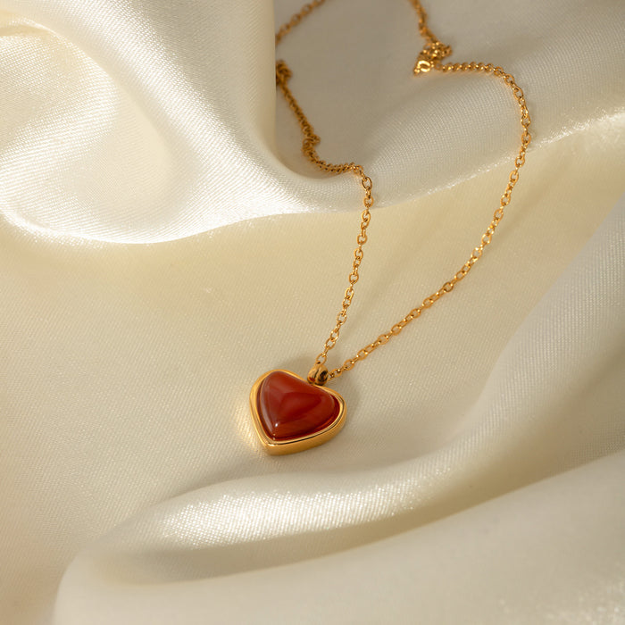 18K Gold-Plated Stainless Steel Necklace with Red Agate Heart Pendant - Women's Fashion Jewelry