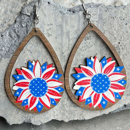 Wooden flower patriotic earrings