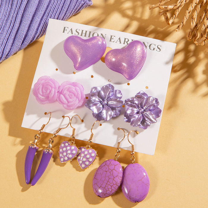 Pendientes de flores de corazón morado y conjunto de pendientes de camelia fresca