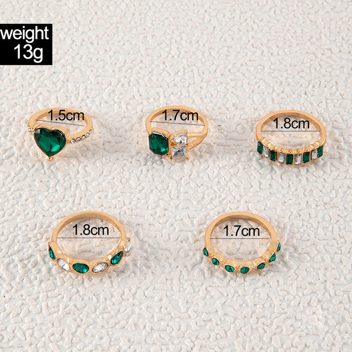 Vintage Emerald Crystal Gemstone Ring Set - 5pcs Geometric Versatile Rings