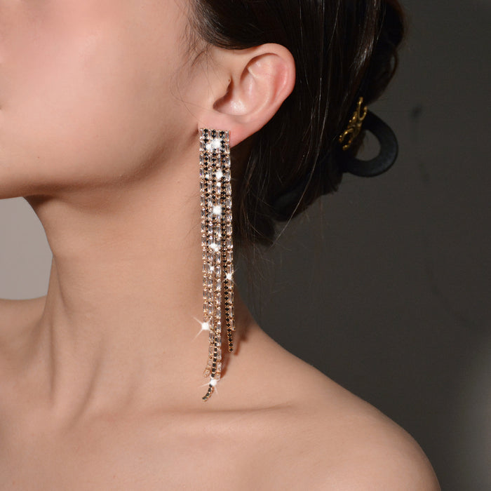 Silver Needle Rhinestone Tassel Earrings - Exaggerated Dangles for a Bold and Sophisticated Look