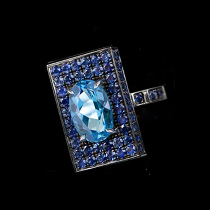 Anillo de pareja con diamantes y circonita azul marino cuadrado