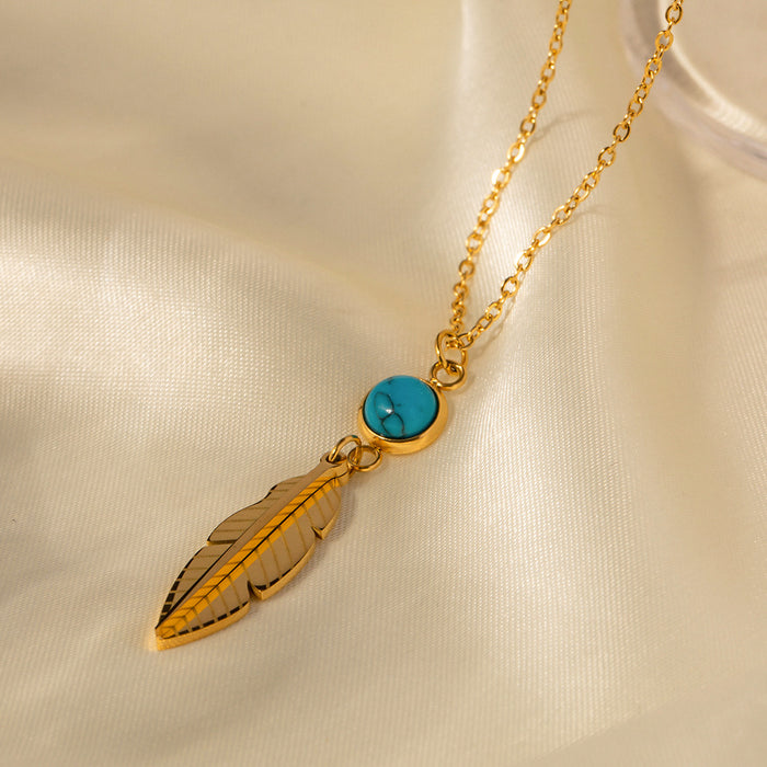 Stainless Steel Feather Pendant Necklace with Turquoise Inlay - Trendy Women's Fashion