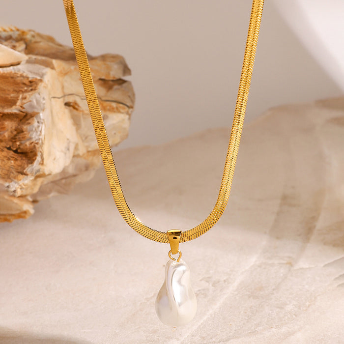 Stainless steel 18K gold irregular pearl pendant necklace retro design