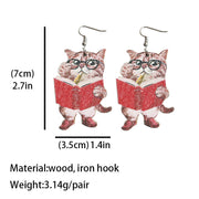 Wooden school cat book earrings - wallojewerly 