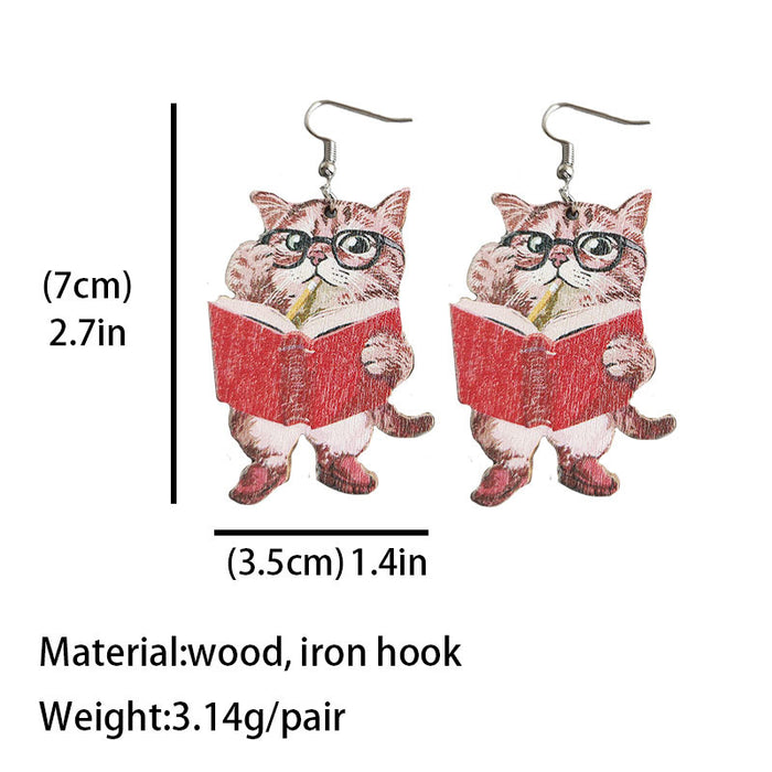 Wooden school cat book earrings