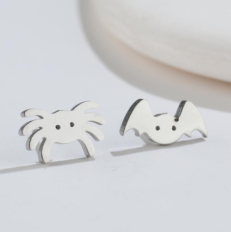 Halloween Spider and Bat Stainless Steel Earrings - Spooky Asymmetric Jewelry for Halloween