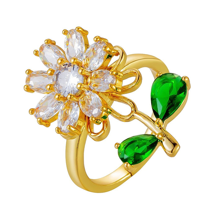 Wholesale sunflower-shaped rotating open ring with zircon setting