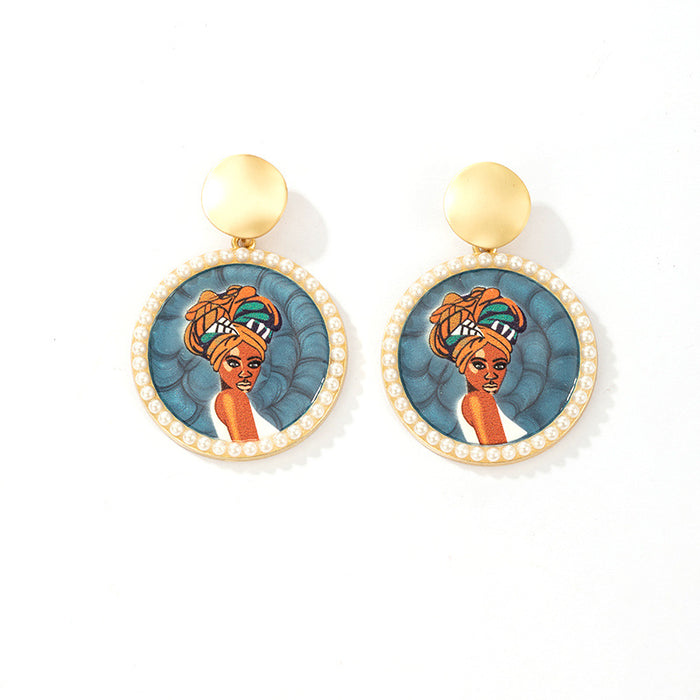 Pearl alloy round earrings DIY African head portrait handmade jewelry