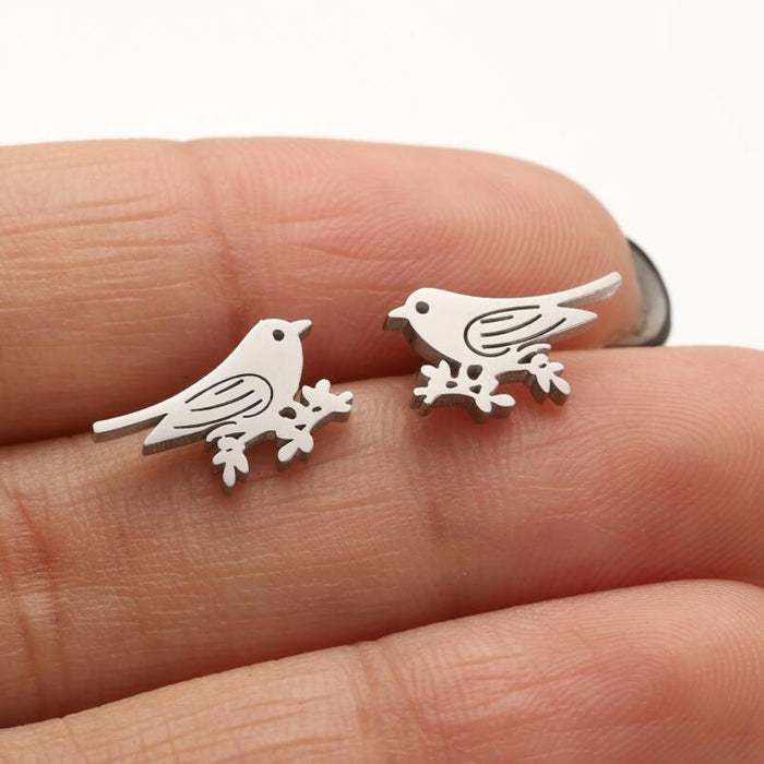 Spring Bird and Flower Stainless Steel Stud Earrings - Fresh and Elegant 18K Gold Plated Jewelry