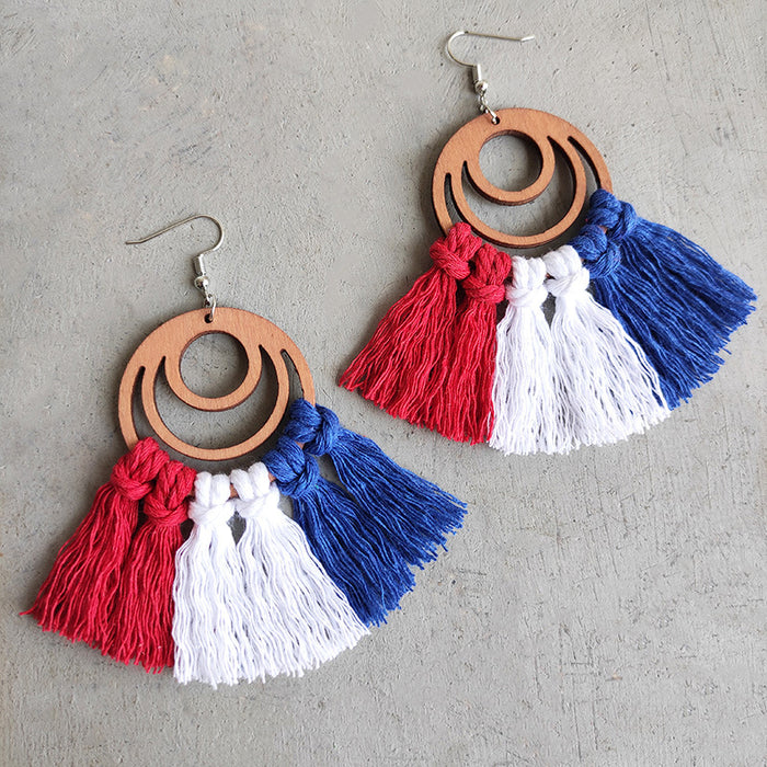 Independence Day Handwoven Tassel Earrings with Hollow Rainbow Wooden Design