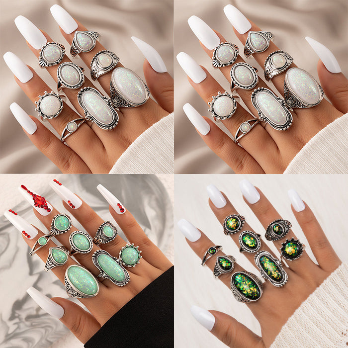 French retro exaggerated oval diamond protein alloy eight-piece ring set