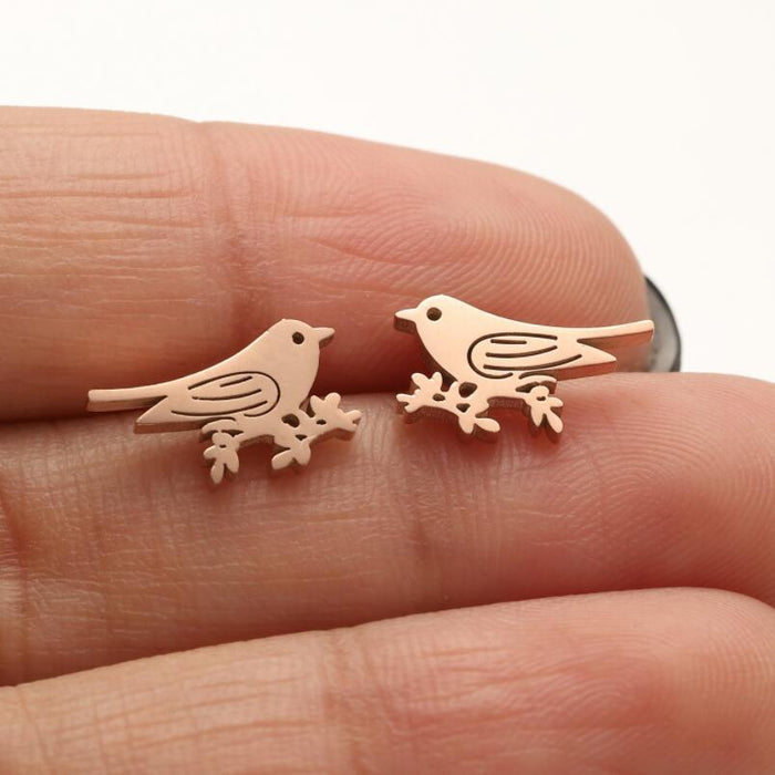 Spring Bird and Flower Stainless Steel Stud Earrings - Fresh and Elegant 18K Gold Plated Jewelry