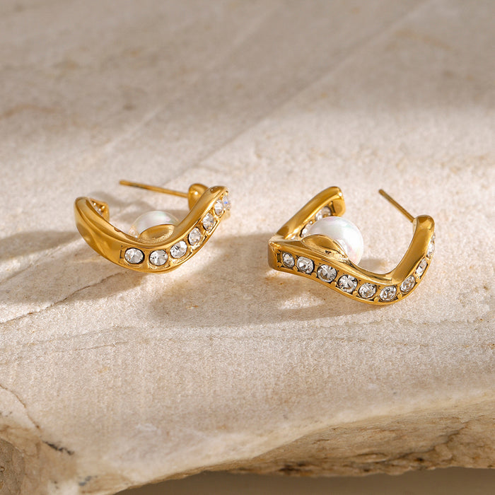 18K Gold Stainless Steel + Diamond + Pearl Wave-Shaped Earrings - Fashionable Titanium Steel Jewelry