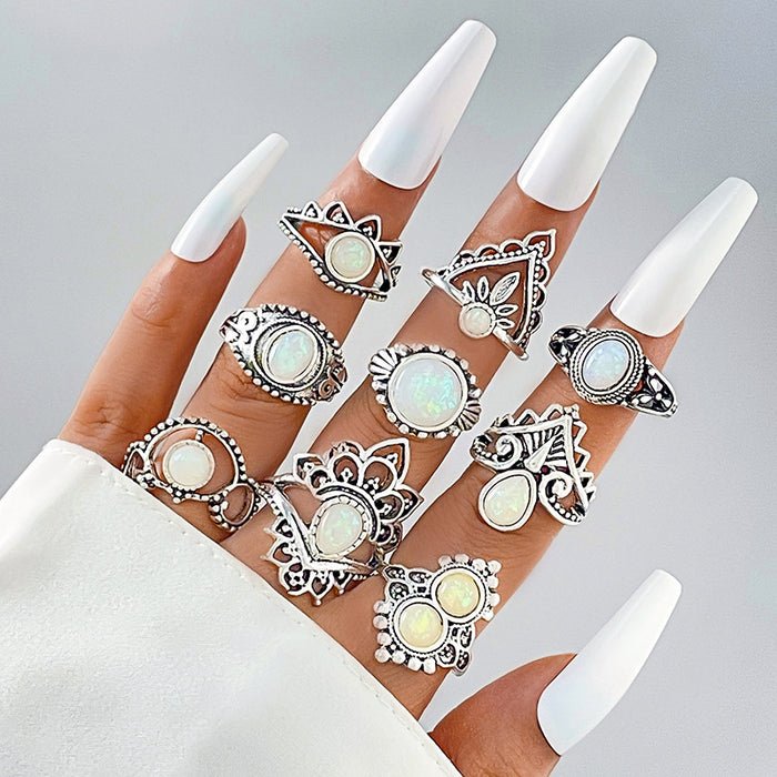 Retro Opal Ring Set - Creative Geometric Oval Knuckle Nine-Piece Set