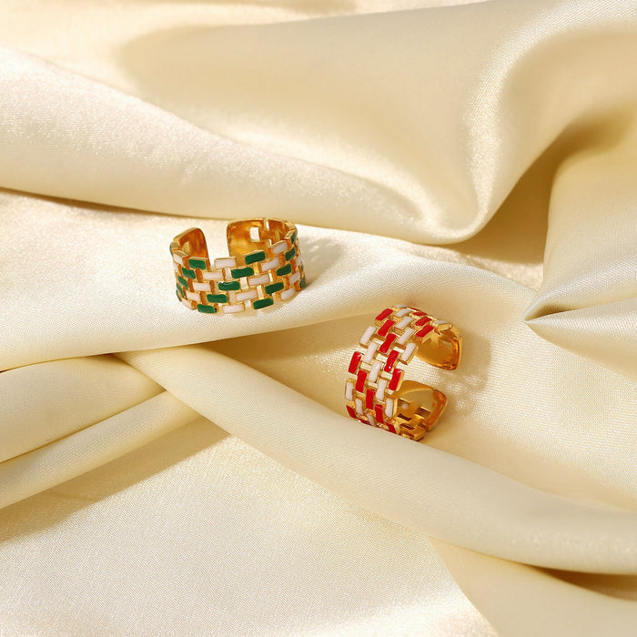 18K Gold Plated Stainless Steel Adjustable Ring with Red and Green Enamel Braided Design