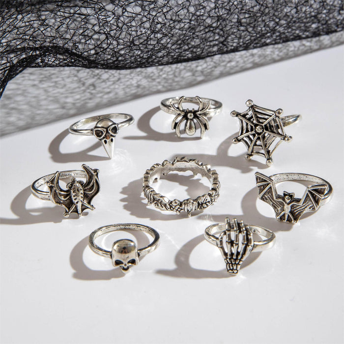 Dark Style Skull Ring Set – Punk Spider & Bat Joint Rings for Halloween, 8-Piece Set