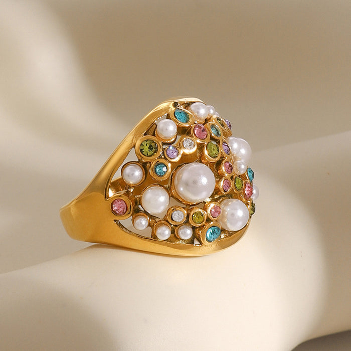 Vintage Baroque Style Pearl Ring - Stainless Steel Inlaid Design, Women's Trendy Jewelry