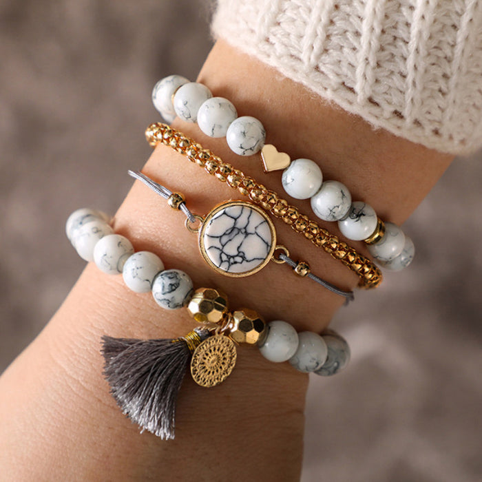 Simple Geometric Open Cuff Bracelet Set - Four-Piece Flower and Stone Jewelry