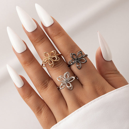 Three-dimensional flower hollow ring three-piece set simple geometric flower combination