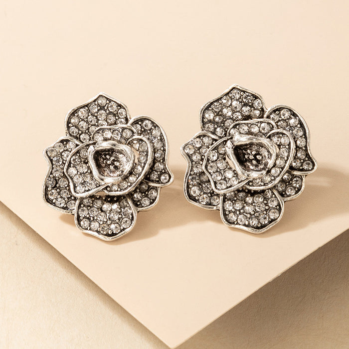 Small Chanel style camellia diamond alloy earrings temperament earrings