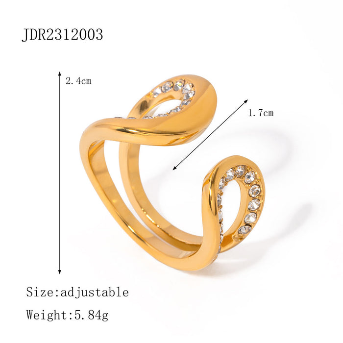 18K Gold Stainless Steel Woven Texture Ring with Geometric Zircon