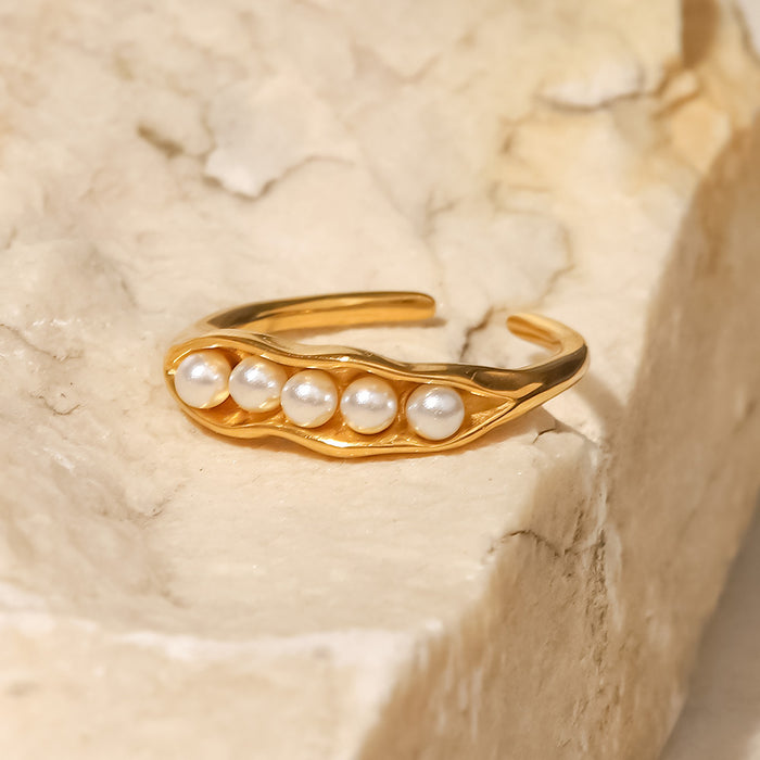 18K Gold Stainless Steel Hammered Texture Ring with Pearl Inlay