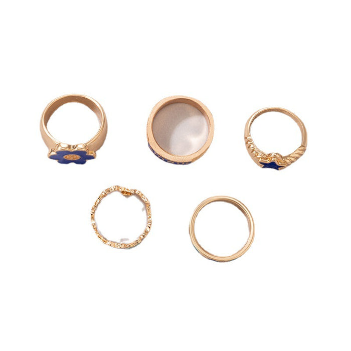 Blue oil drop flower heart ring 5-piece set