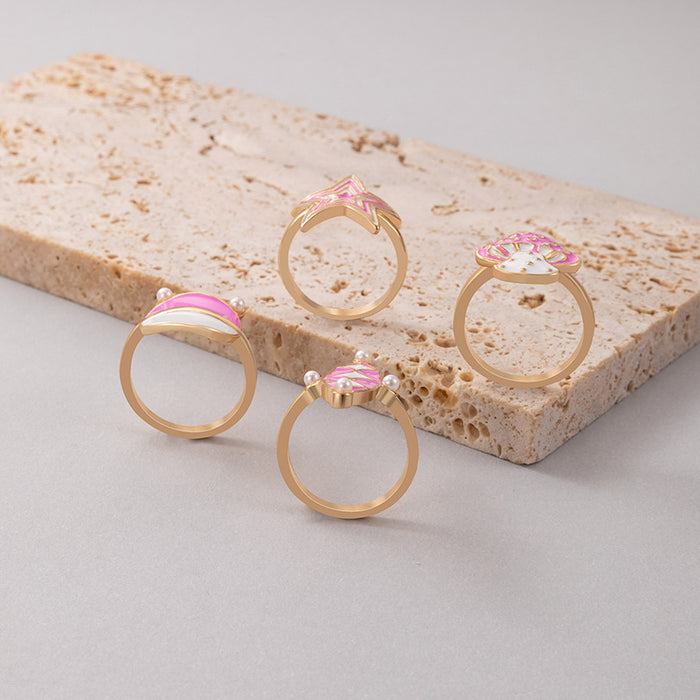 Pink Oil Drop Mushroom Pearl Ring 4-piece Set