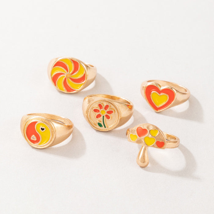 Juego de 6 anillos estilo pastoral con forma de hongo y tai chi en forma de corazón naranja