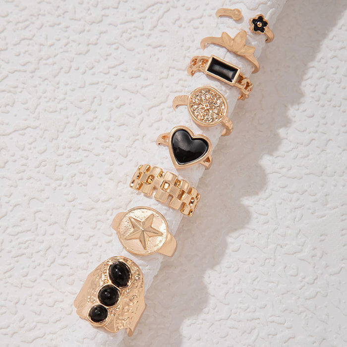 Dark Vintage Metal Love Heart Oil Drop Eight-Piece Ring Set