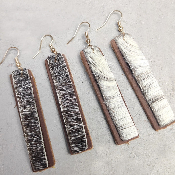 Double Layer Marquise Leather Earrings with Textured Long Hair Design