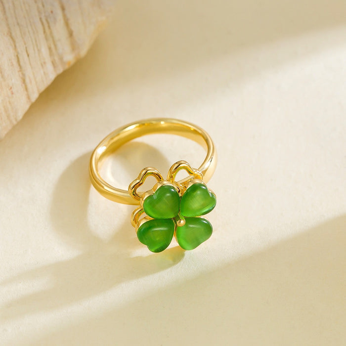 Wholesale green cat's eye four-leaf clover rotating opening ring