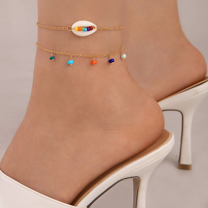 Minimalist Beaded Shell Anklet - Double Layer Beach Style Jewelry