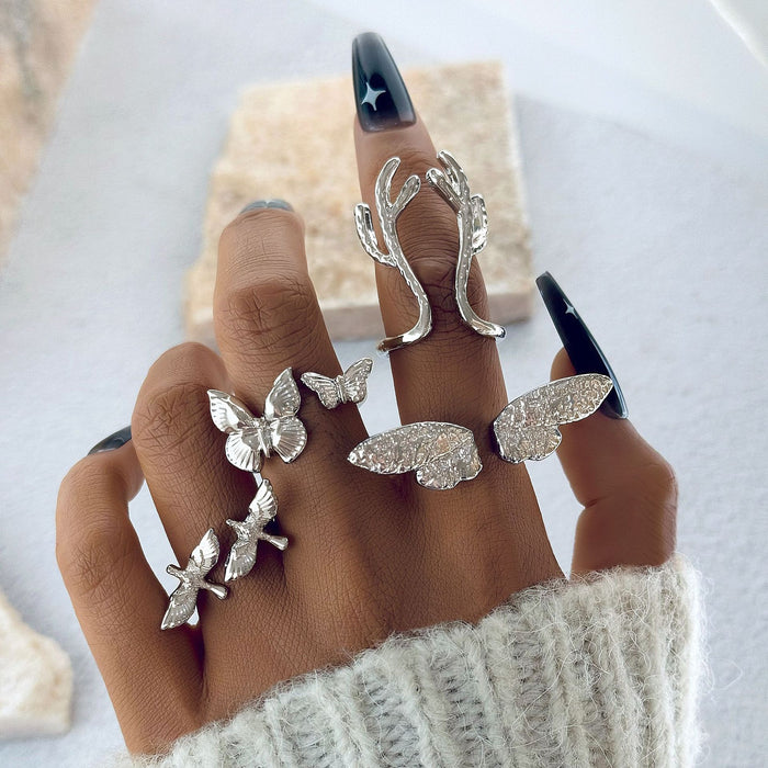 Butterfly and Antler Ring Set - 4-Piece Gold-Toned Bird Wing Rings