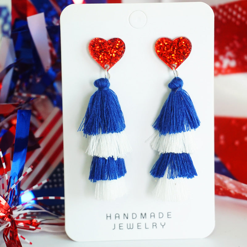 Independence Day Multi-Layer Tassel Heart Earrings with Cheerleader Design