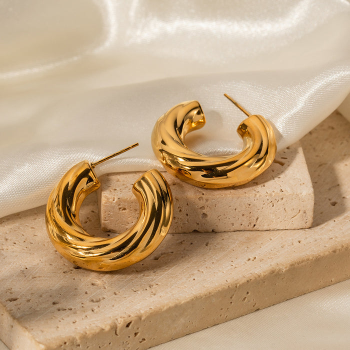 New Geometric Titanium Steel Earrings - 18K Gold Plated Stainless Steel Slanted Ribbed C-Shaped Earrings