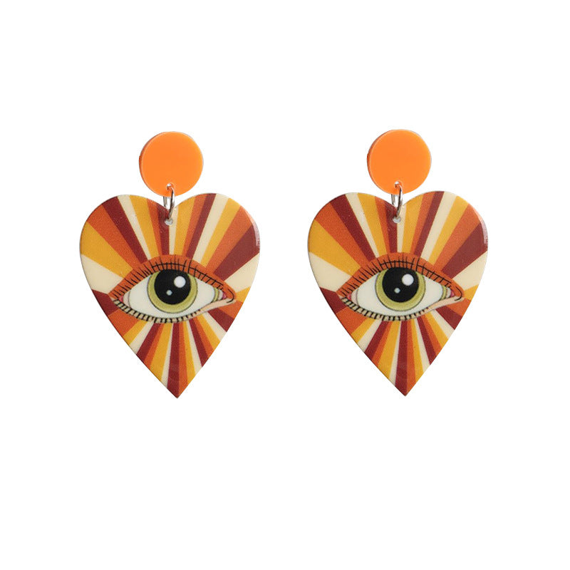 Retro Disco Ball Heart and Eye Earrings with Rainbow Design - wallojewerly 