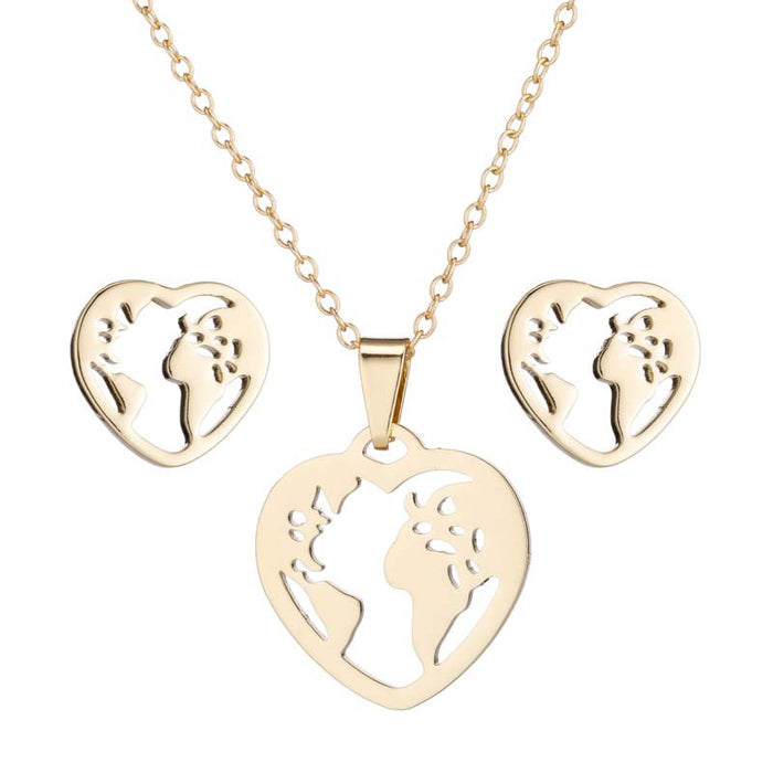 Conjunto de joyas con mapa del mundo, collar y pendientes con colgante exagerado de moda con huecos geométricos en forma de corazón