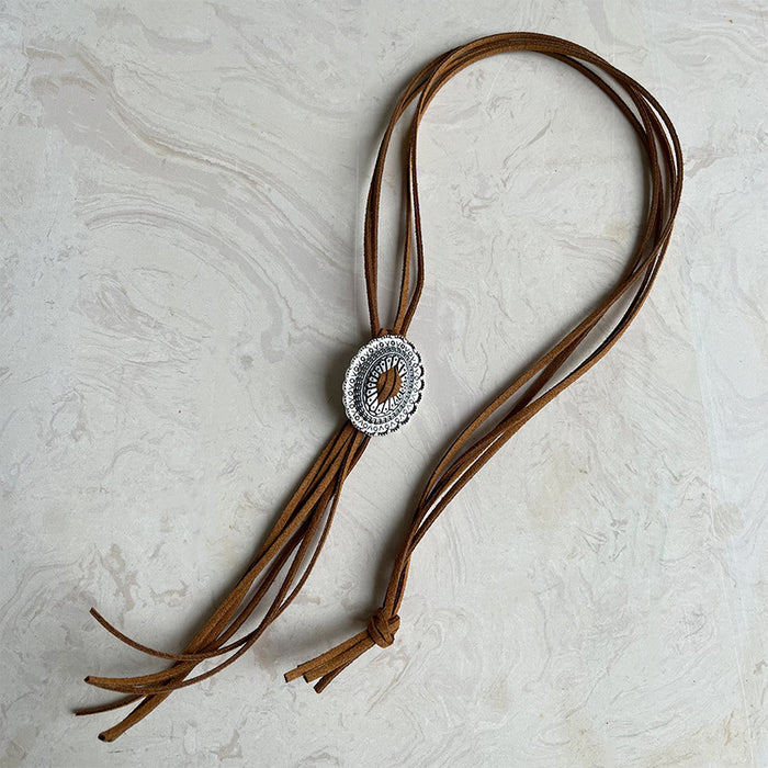 Western Leather Necklace with Hollow Pumpkin Flower and Tassels - High-End Style