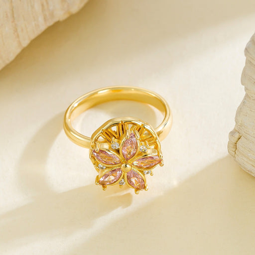 Wholesale 18K real gold plated pink cherry blossom 360-degree rotating ring - wallojewerly 