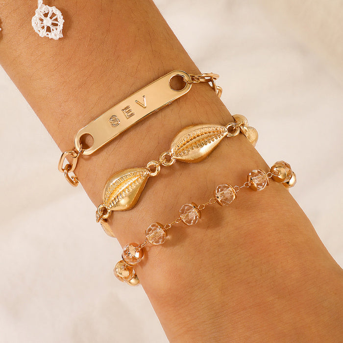 Three-Layer Beaded Bracelet Set with Shell and Letter Charm