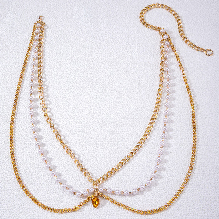 Gold Gemstone Pendant Imitation Pearl Vintage Waist Chain