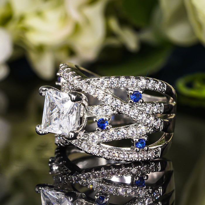 Women's cross-line square imitation sapphire ring