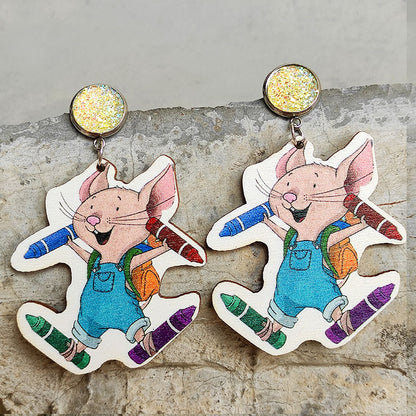 Mouse Cheese Earrings with Colorful Pencil and Cup Designs