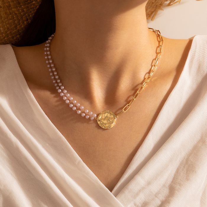 Asymmetric Pearl Chain with Unique Round Disc Single Layer Trendy Clavicle Necklace